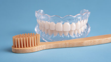 A close-up of a toothbrush and a dental prosthetic arranged on a blue backdrop, highlighting oral care innovation, suitable for health and dental themの写真素材