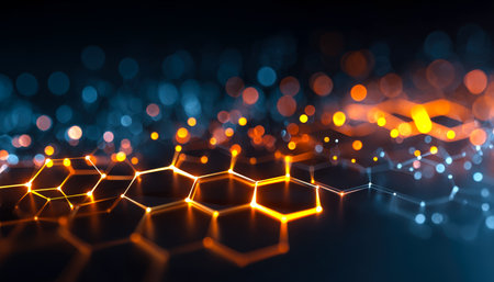 A cyber-inspired scene with luminous hexagonal grid patterns illuminated against a colorful bokeh backdrop, evoking advanced digital connectivity.の写真素材