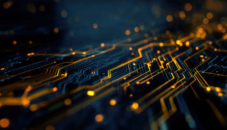 Intricate electronic pathways illuminated in vibrant orange and blue hues, showcasing modern...