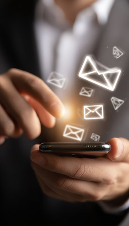 A person interacts with a smartphone, surrounded by animated email symbols symbolizing swift digital communication and connectivity in a modern workspの写真素材