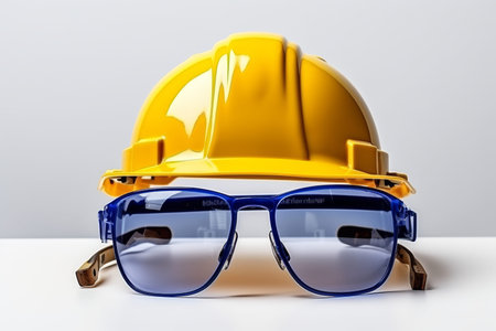 Construction site scheme with yellow and blue safety helmets and tools on bright backgroundの写真素材