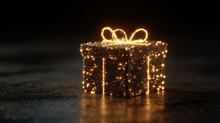 A radiant gift box adorned with shimmering lights and an luminous ribbon, creating a magical ambiance perfect for festive celebrations.の写真素材