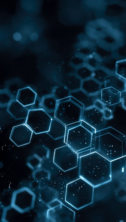 A high-tech composition featuring interconnected luminous hexagons, dynamic lines, and floating...