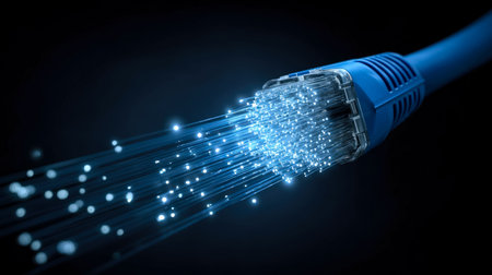 A detailed shot of a vibrant blue fiber optic cable emitting bright, streaming light into darkness,...