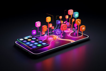 Smartphone with social media icons in vibrant digital forest, seamless connectivity conceptの写真素材