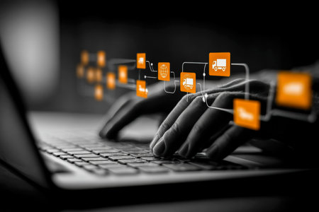 Close-up of hands working on a laptop, overlaid with glowing icons representing shipping routes, freight, delivery trucks, and tracking technology.の写真素材