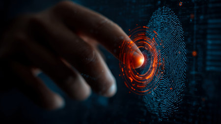 A close-up of a finger pressing a sleek scanner surface, demonstrating cutting-edge biometric access...