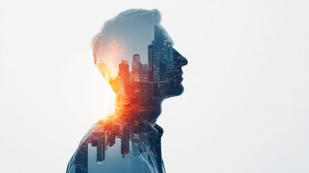 A man's silhouette blends with a vibrant cityscape at dusk, highlighting the harmony between...