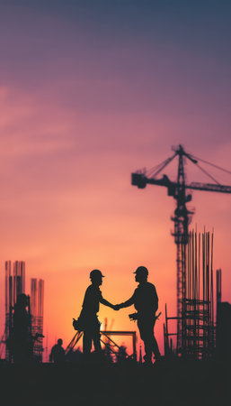 Two professionals celebrating a milestone as the sun sets behind a towering crane, highlighting teamwork and progress on a bustling building project.の写真素材