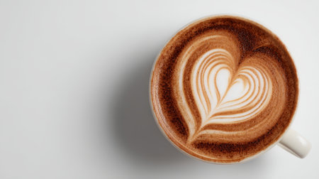Delicately crafted foam forms a romantic heart pattern atop a rich coffee in a pristine white setting, evoking warmth and affectionate elegance.の写真素材