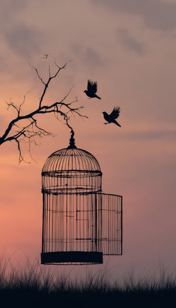 A dark silhouette of a birdcage dangles from a leafy branch, as a flock of birds soars against a vibrant, warm sunset sky, evoking freedom.の写真素材