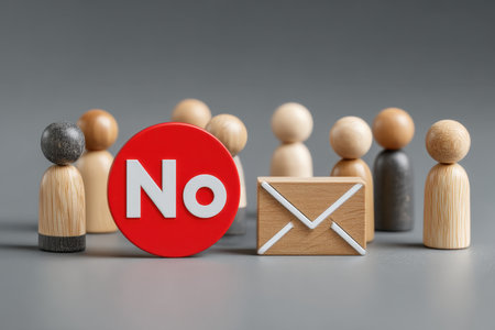 Wooden cartoon-like figures hold a "no" symbol and email icon, conveying disapproval or rejection with a simple, rustic style perfect for digital commの写真素材