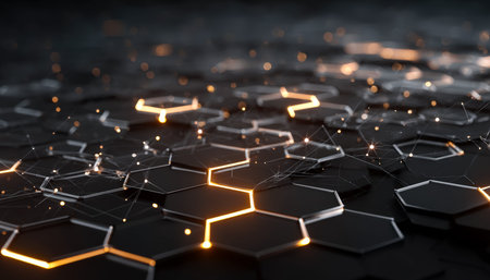 A sleek, high-tech grid of interconnected hexagons with radiant neon highlights, evoking a vision of...
