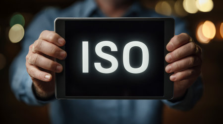 A hand grasps a sleek tablet illuminated with the word "iso," set against a moody, dark backdrop with vibrant bokeh effects creating an atmospheric, tの写真素材