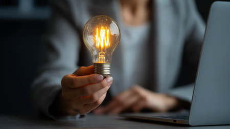 A contemplative individual displays a luminous filament bulb before a laptop screen, illustrating creativity and innovative thinking in a modern worksの写真素材