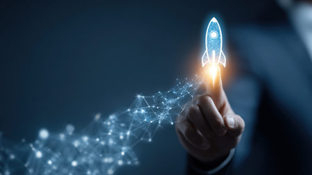 A human hand gently touches a vibrant, futuristic digital rocket launch, symbolizing bold ideas,...
