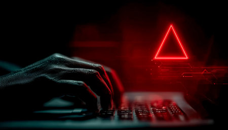 A focused hand navigates a keyboard amidst digital graphics and a crimson triangle, creating a high-tech, cyber ambiance for cybersecurity or hackingの写真素材
