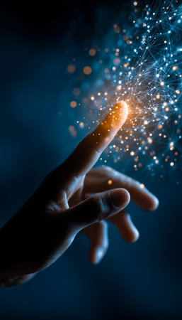 A close-up of a hand extending towards a luminous web of interconnected points and lines, evoking themes of connectivity, technology, and data exchangの写真素材