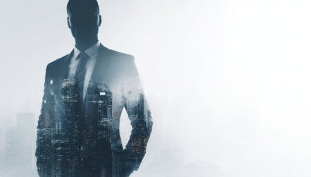 A creative blend of a confident business person superimposed with an illuminated urban skyline, symbolizing innovation and urban enterprise vibes.の写真素材