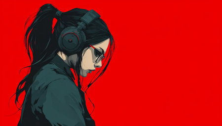 A modern digital portrait of a stylish woman with headphones and glasses, set against a dynamic red backdrop, evoking creativity and energy.の写真素材