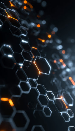 A high-tech network of luminous hexagons interconnected with streaming digital lines, creating an...