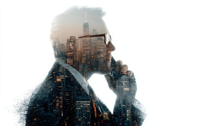A contemplative businessman wearing glasses stands before a layered city skyline, evoking ambition...
