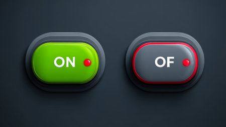 Vibrant green and gray switches with âonâ and âoffâ labels rest against a dark backdrop, highlighting contrast and modern circuitry design.の写真素材