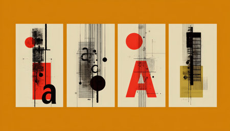 Dynamic arrangement of stylized letter forms with sharp angles and overlapping shapes, set against a...