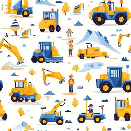Cute baby toy construction equipment seamless pattern for nursery decor and kids clothing designの写真素材