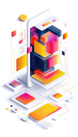 Brightly colored polygons and sleek device icons create a dynamic scene evoking innovation, connectivity, and modern digital experiences.の写真素材