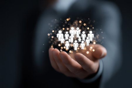 A hand presents glowing social icons clustered as a community, set against a soft bokeh background, symbolizing digital connectivity and network unityの写真素材