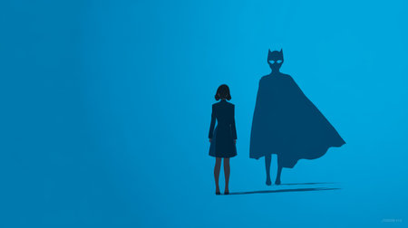 A dark silhouette of a girl stands beside a masked hero with a cape, set against a vibrant blue backdrop, evoking themes of courage and fantasy.の写真素材