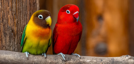 Vibrant parrots with bright plumage sit on a rustic branch amidst lush greenery, evoking tropical tranquility and lively nature scenes.の写真素材