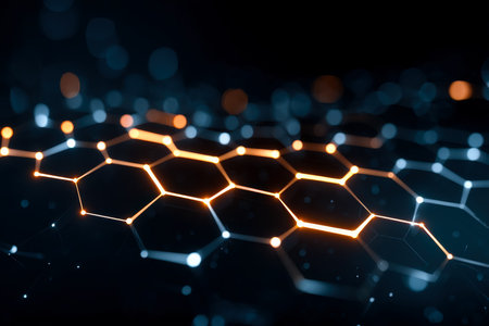 A futuristic digital mesh featuring luminous hexagons interconnected across a soft, blurred background, evoking technology and innovation ambiance.の写真素材
