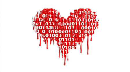 A futuristic digital heart composed of glowing binary strings, with paint-like drip effects symbolizing data flow and emotional technology integrationの写真素材