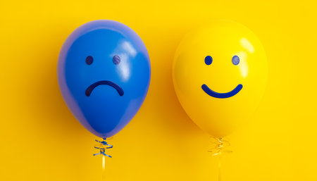 Bright yellow backdrop features cheerful balloons with smiling and frowning expressions, illustrating contrasting emotions and mood in a playful styleの写真素材