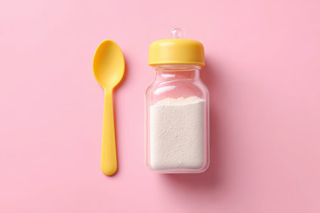 A bright yellow baby spoon resting beside a jar of powdered formula, set against a soft pink backdrop, evoking warmth and nurturing care.の写真素材