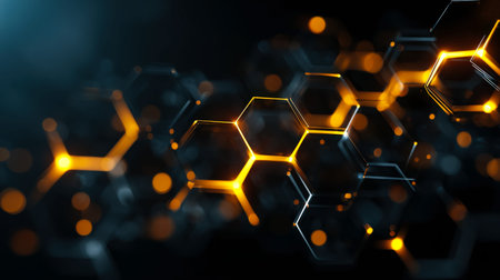 Glowing hexagonal grids hover in a dark space, symbolizing cutting-edge innovation and digital...