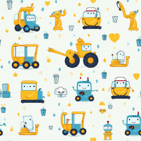 Cute baby toy construction equipment pattern with dump truck, concrete mixer, excavator, craneの写真素材