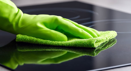 A person in vibrant green gloves carefully wipes a sleek black glass panel using a matching cloth, creating a spotless, reflective finish with a focusの写真素材