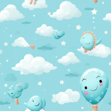 Adorable hand-drawn dinosaur pattern with flying balloons and clouds for childrens productsの写真素材