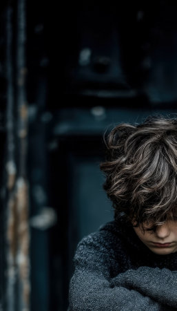 A boy with tousled hair gazes downward, surrounded by shadows that evoke an introspective and somber atmosphere, ideal for reflective or emotional theの写真素材