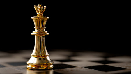 A luminous gold chess piece stands commanding on a chessboard, contrasting sharply against a...