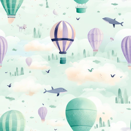 Whimsical childrens pattern with flying whales, air balloons, lighthouses, clouds, and rainbowsの写真素材