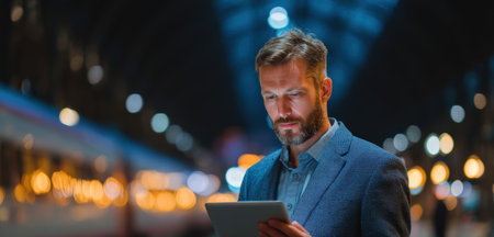 A professional businessman engages with a sleek tablet amid contemporary decor, overlooking a vibrant city skyline through large, blurred windows.のeditorial素材