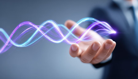 A scientist presents vibrant, swirling digital wave visuals in a futuristic display, conveying...
