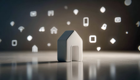 A sleek house silhouette surrounded by glowing digital symbols illustrating connectivity, security,...