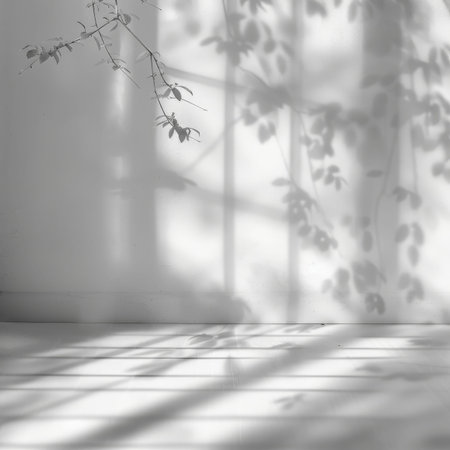 Minimalist natural light shadows on textured wall, abstract background for product display