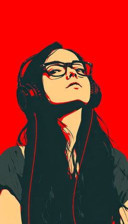 A poised woman with stylish glasses and headphones exudes self-assurance, set against a striking...