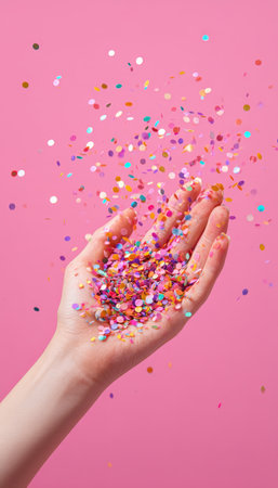 A hand presenting vibrant, multicolored confetti with a soft pink backdrop, creating a festive, joyful atmosphere perfect for celebrations and events.の写真素材